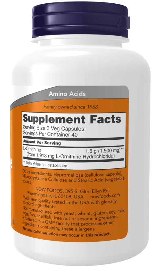 NOW Foods L-Ornithine 500mg -(120 Caps) - Image 2