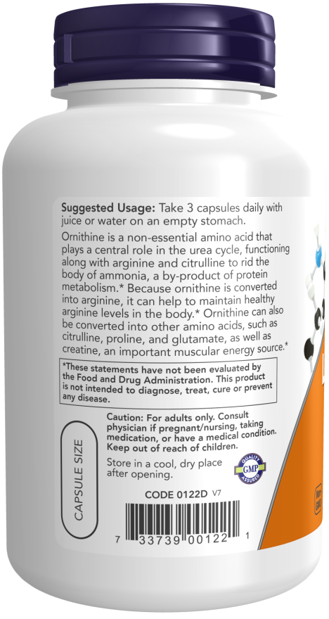 NOW Foods L-Ornithine 500mg -(120 Caps) - Image 3