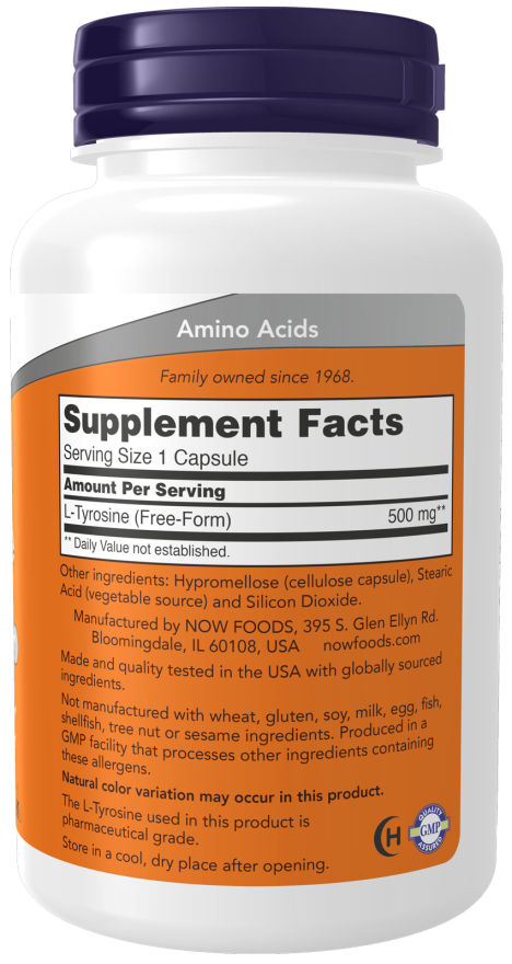 NOW Foods L-Tyrosine 500 mg (120 Capsules) - Image 2