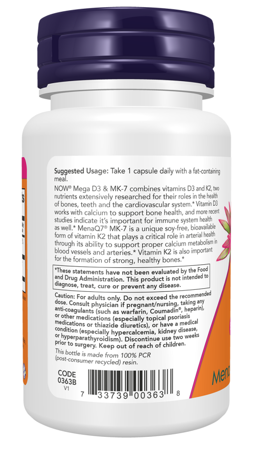 NOW Mega D-3 and K-2 MK-7 180 mg (60 Veg Capsules) - Image 3