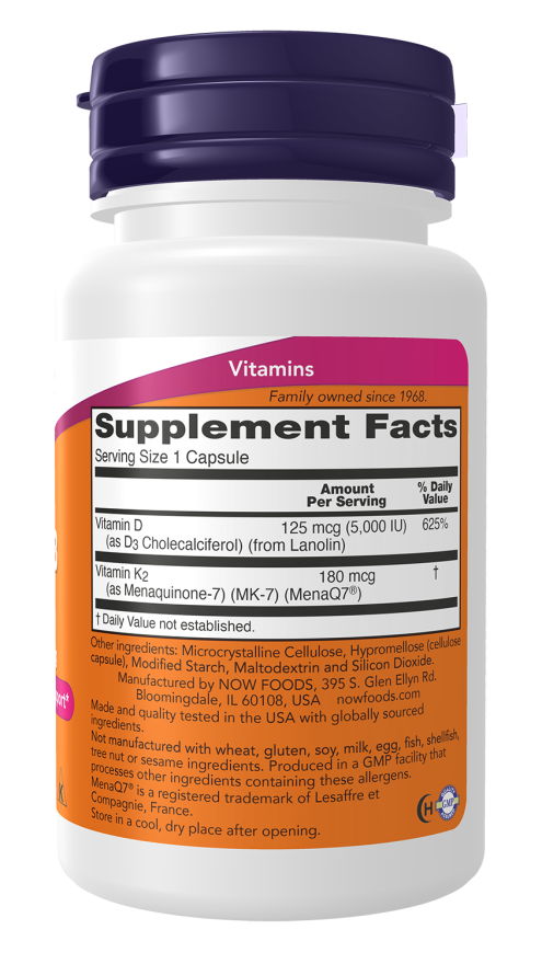 NOW Mega D-3 and K-2 MK-7 180 mg (60 Veg Capsules) - Image 2