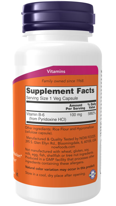 NOW Vitamin B-6 (100 mg) – (100 Veg Capsules) - Image 2