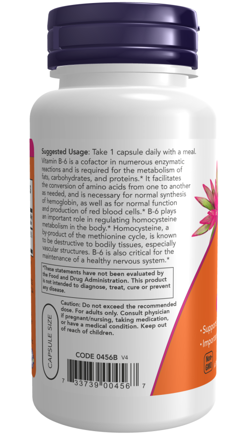 NOW Vitamin B-6 (100 mg) – (100 Veg Capsules) - Image 3