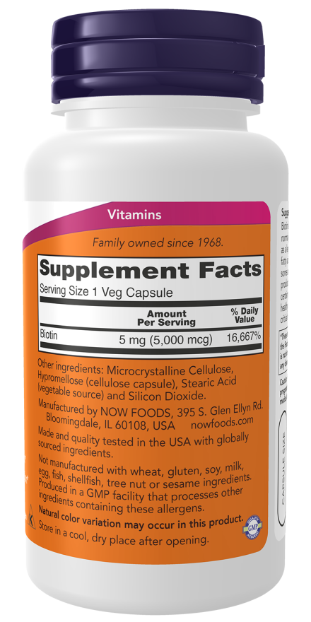 NOW Foods Biotin 5,000 mcg - (100 Veg Capsules) - Image 2