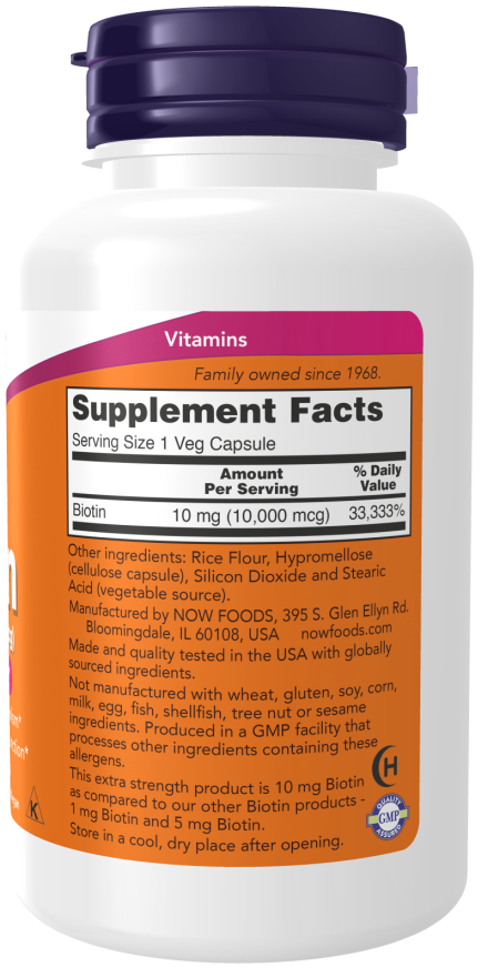 NOW Foods Biotin Extra Strength 10mg (10000 mcg) – (120 Veg Capsules) - Image 2