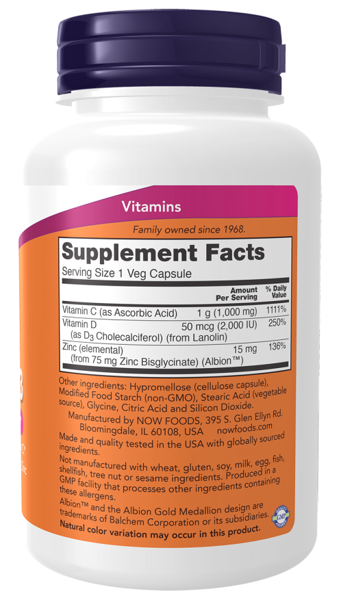 NOW Foods Vitamin C-1000, Zinc & D3 – (100 Veg Capsules) - Image 2