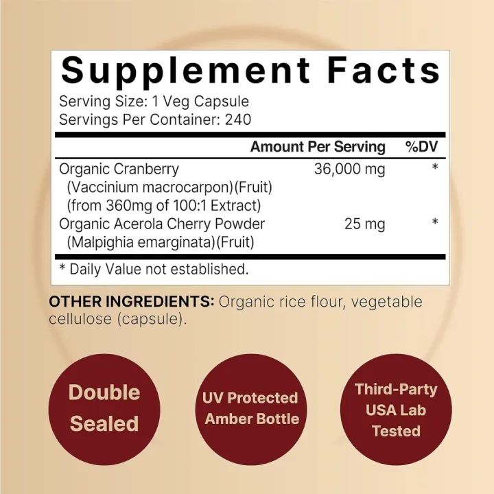 NatureBell Cranberry Pills 36,000mg With Acerola – (240 Veggie Capsules) - Image 2