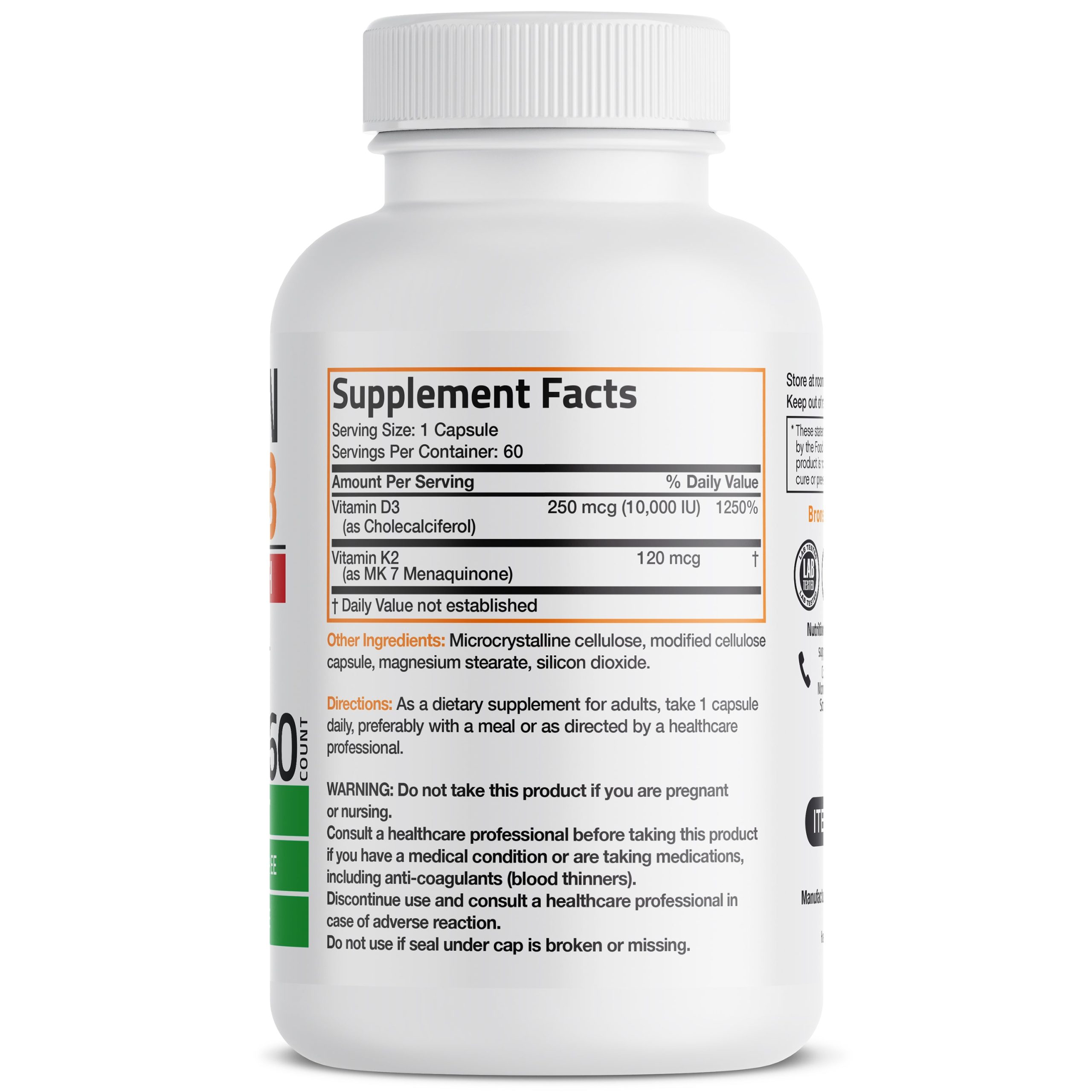 Bronson Vitamin K2 + D3 (10,000 IU – 250 mcg) Extra Strength – (60 capsules) - Image 2