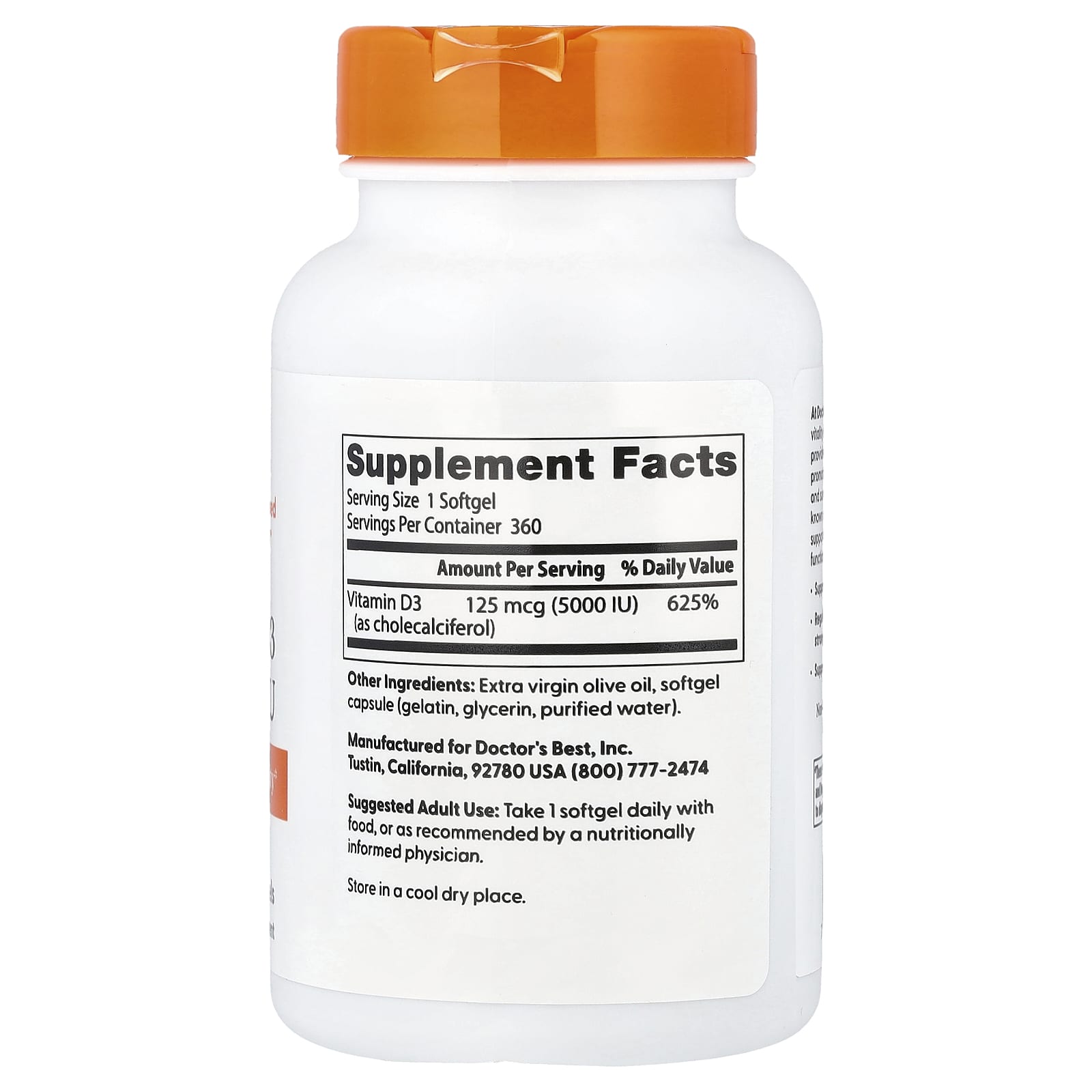 Doctor's Best Vitamin D3 125 mcg (5,000 IU) -(360 Softgels) - Image 2
