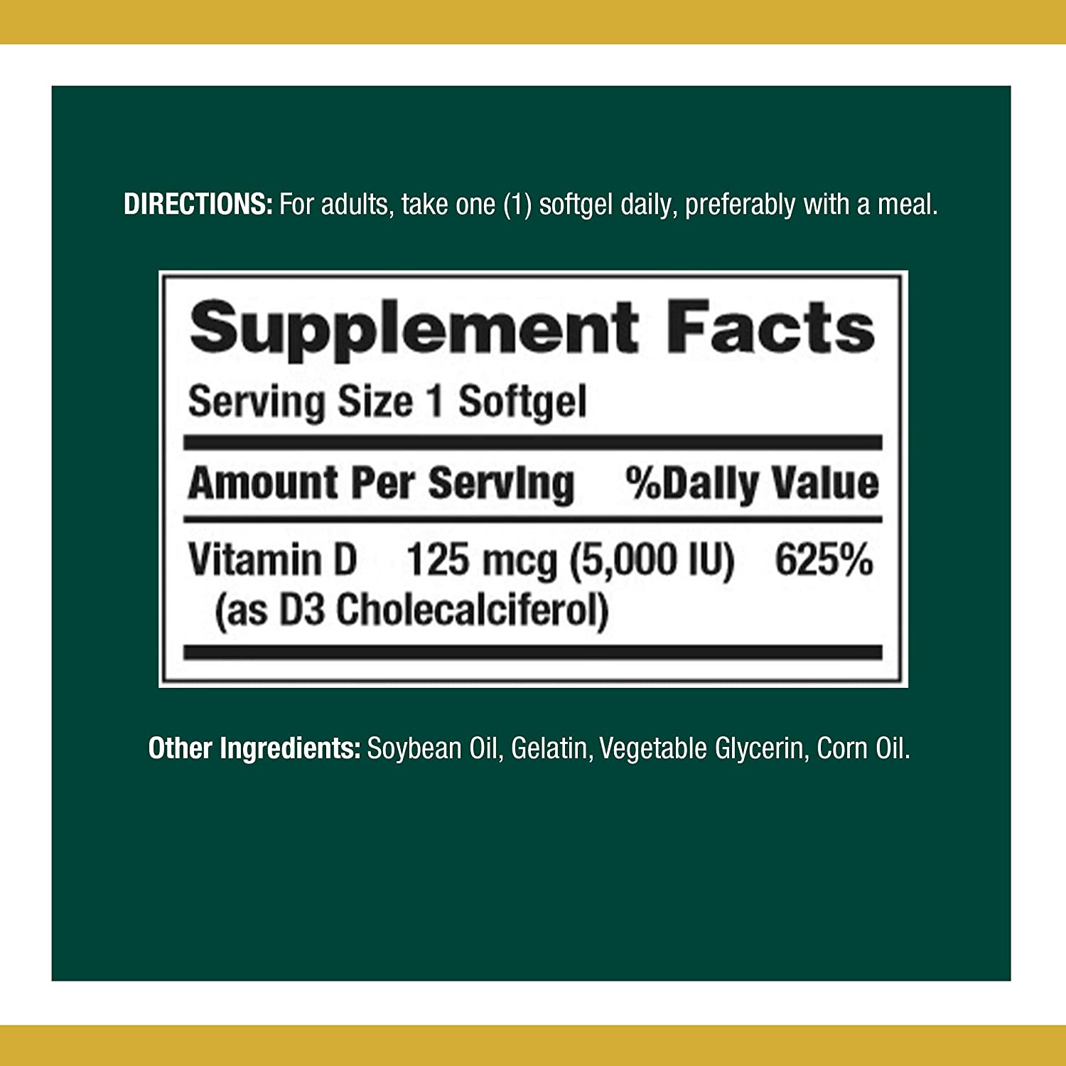 Nature’s Bounty Vitamin D3 125 mcg 5000 IU -(150 Softgels) - Image 2