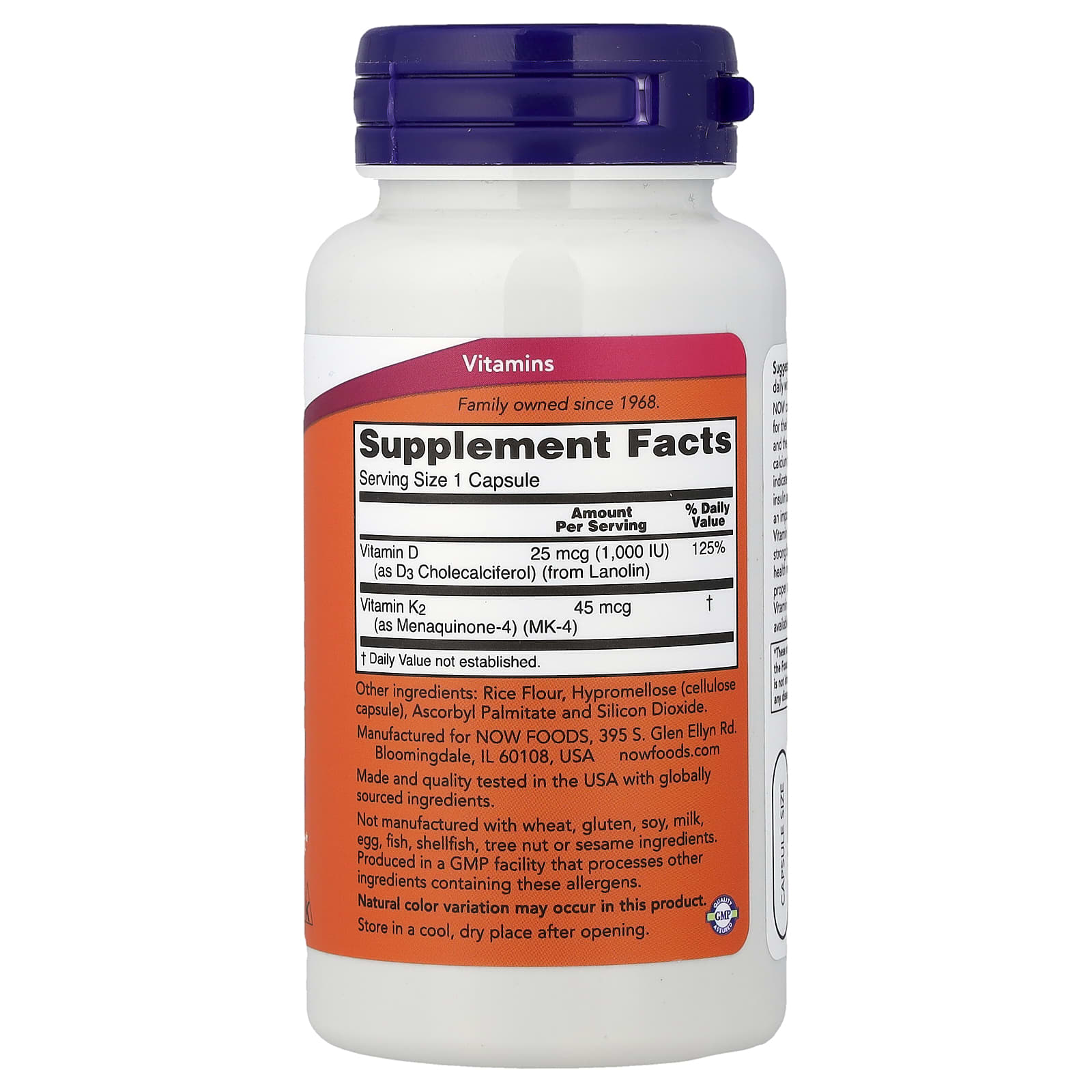 Now Vitamin D3 (1,000 IU) & K2 (45 mcg) – 120 Capsules. - Image 2