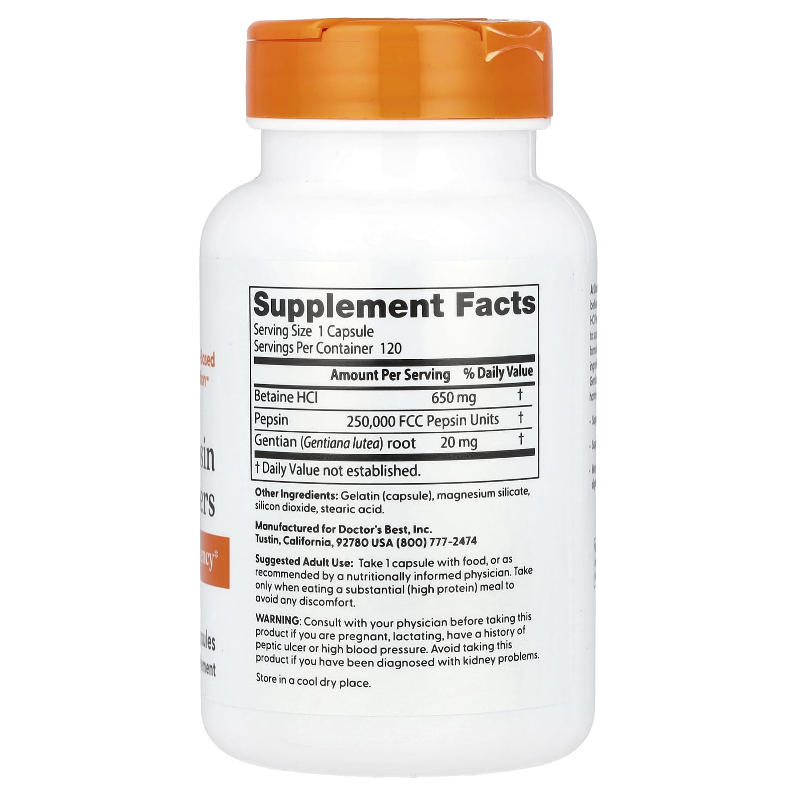Doctor's Best Betaine HCl Pepsin & Gentian Bitters-(120 Capsules) - Image 2