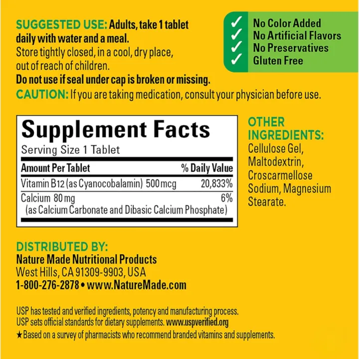 Nature Made Vitamin B12 500mcg – (100 Tablets) - Image 2