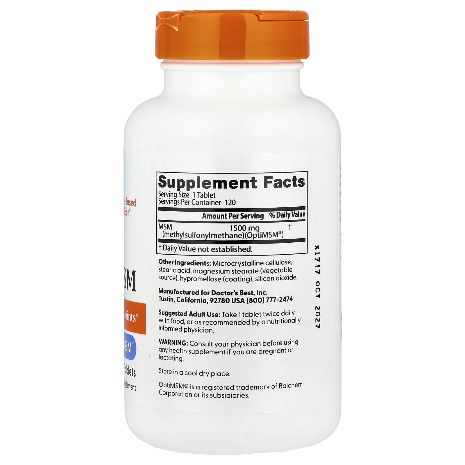 Doctor's Best, MSM with OptiMSM®, 1,500 mg-(120 Tablets) - Image 2