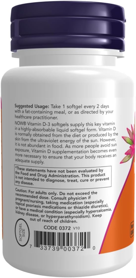 Now Vitamin D3 (5,000 IU) High Potency – (120 softgels) - Image 3