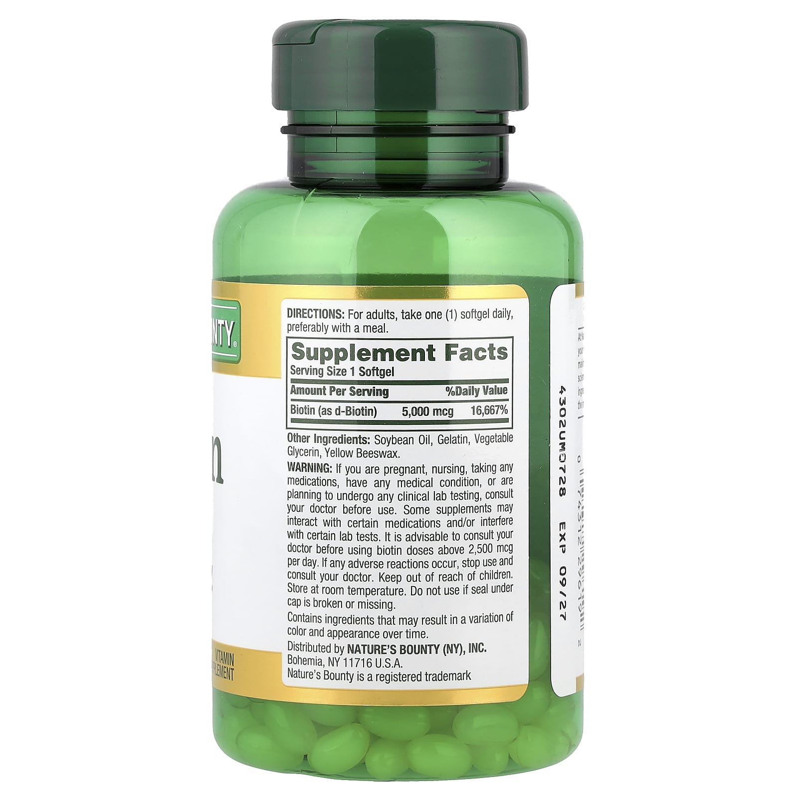 Nature's Bounty Biotin 5,000 mcg – (150 Softgels) - Image 2