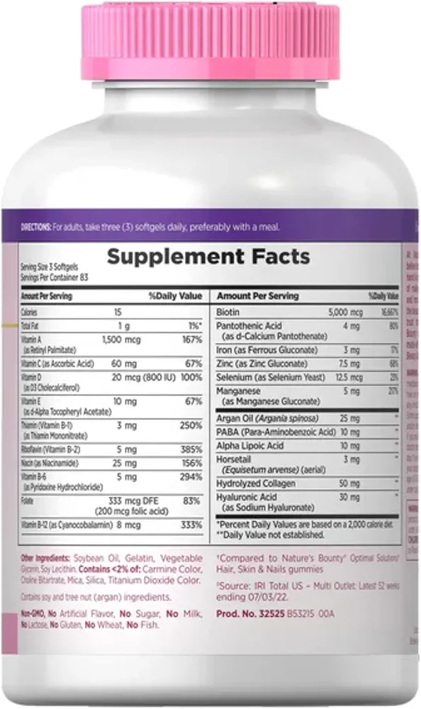 Nature's Bounty Hair, Skin and Nails 5000 mcg – (250 Softgels) - Image 2