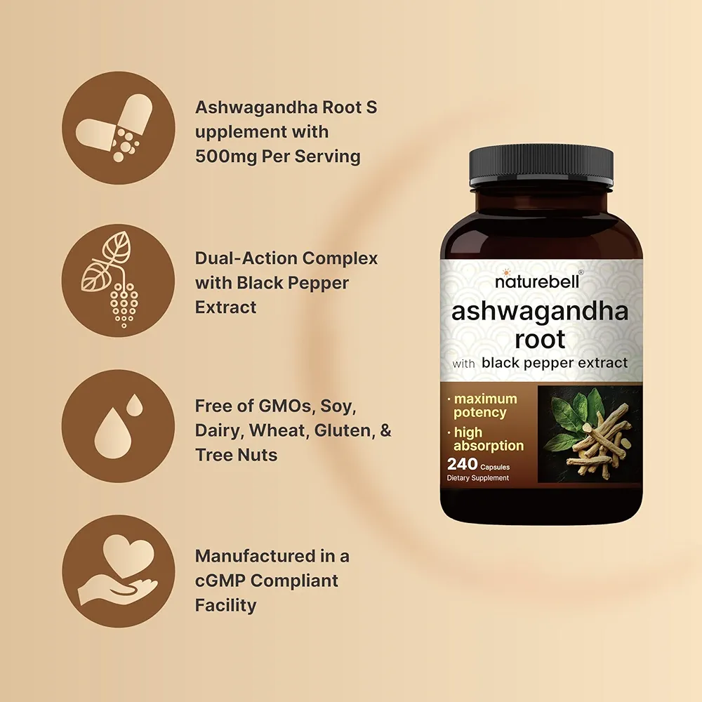 NatureBell Ashwagandha with Black Pepper Extract-(240 Capsules) - Image 3