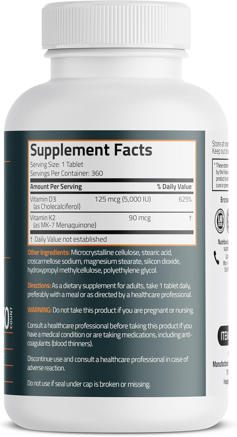 Bronson Vitamins Vitamin K2 + D3 (5,000 IU – 125 mcg) – (360 Capsules) - Image 2
