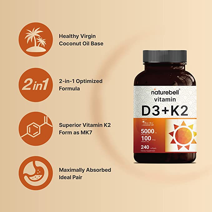 Naturebell Vitamin D3 (5,000 IU) + K2 (100 mcg) – (240 softgels) - Image 3