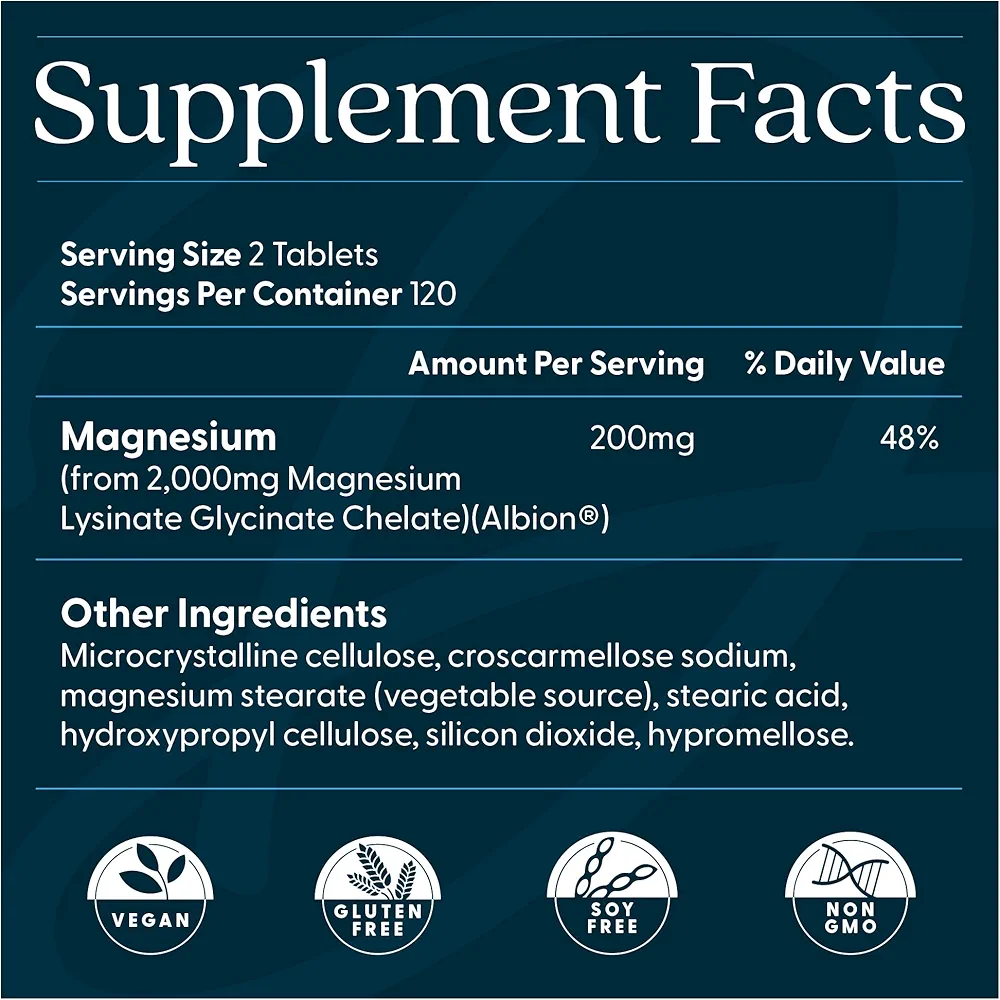 Doctor’s Best Magnesium Lysinate Glycinate 200 mg– (240 Tablets) - Image 4