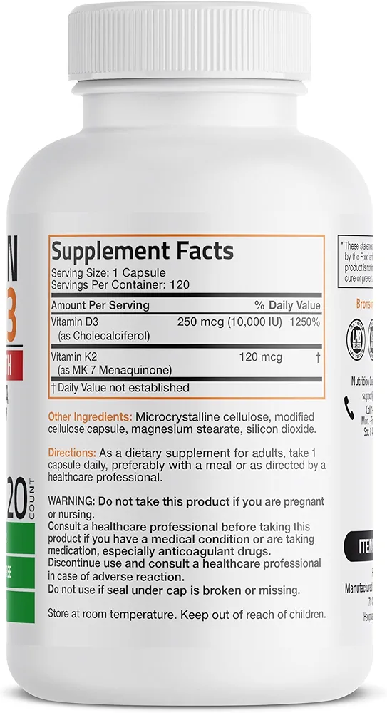Bronson Vitamin K2 + D3 (10,000 IU – 250 mcg) Extra Strength – (120 capsules) - Image 2