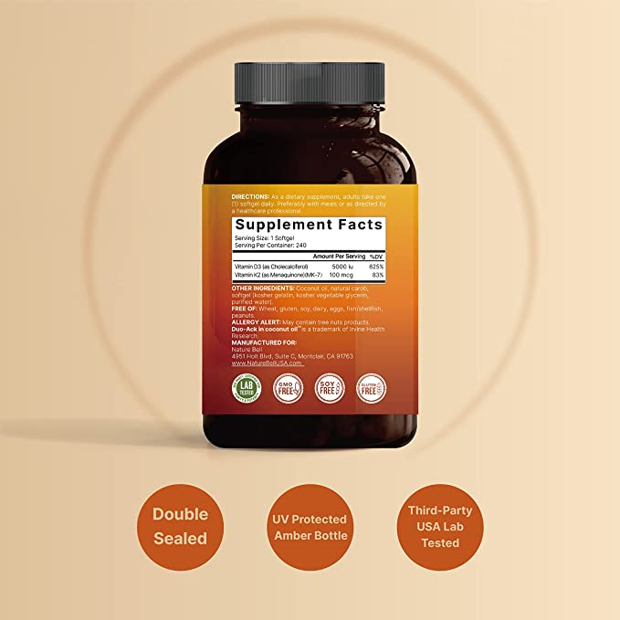 Naturebell Vitamin D3 (5,000 IU) + K2 (100 mcg) – (240 softgels) - Image 2