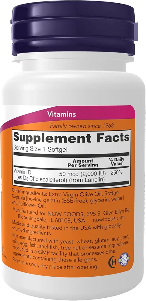 NOW Foods Vitamin D-3 2,000 IU, High Potency, (120 Softgels) - Image 2