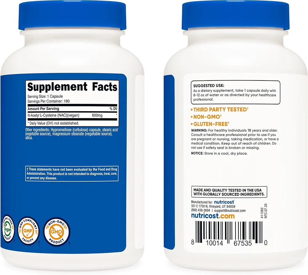 Nutricost N-Acetyl L-Cysteine (NAC) – (180 Capsules) - Image 3