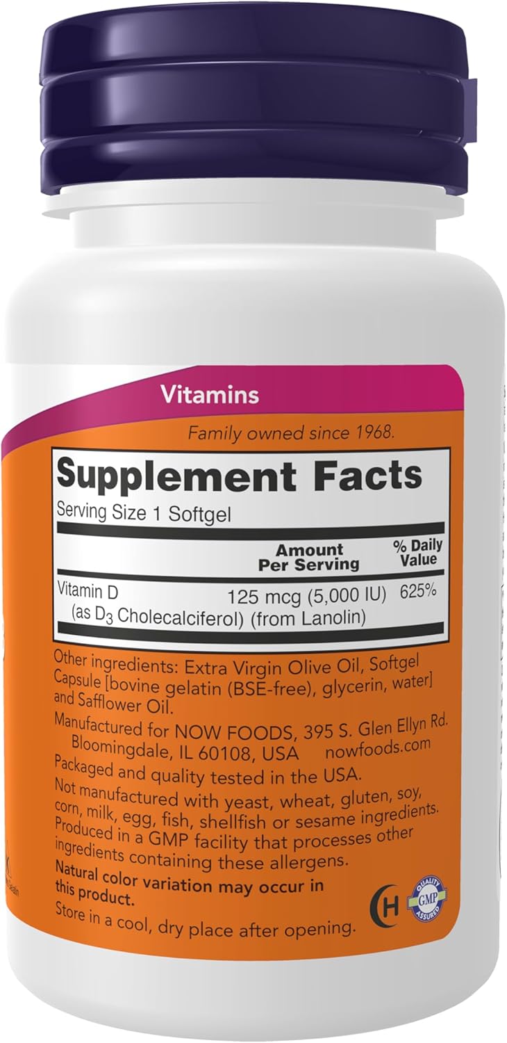 Now Vitamin D3 (5,000 IU) High Potency – (120 softgels) - Image 2
