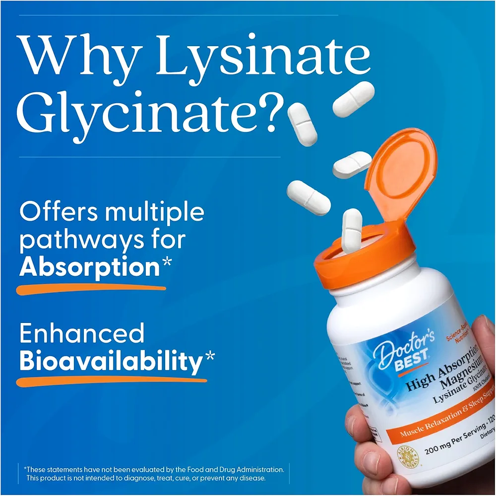Doctor’s Best Magnesium Lysinate Glycinate 200 mg– (240 Tablets) - Image 2