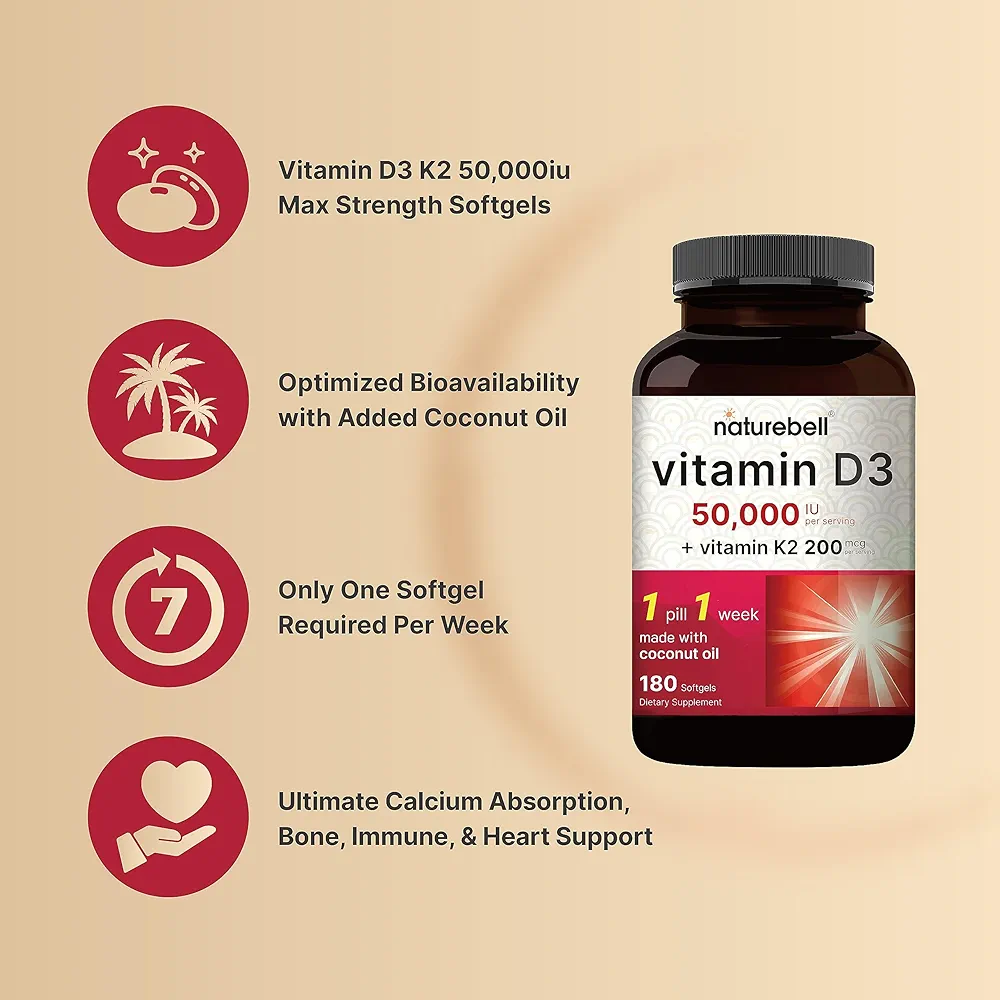 NatureBell Vitamin D3 50,000 IU + K2 200 mcg – (180 Softgels) - Image 3