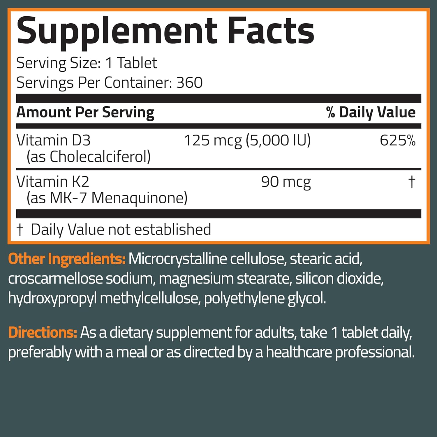 Bronson Vitamins Vitamin K2 + D3 (5,000 IU – 125 mcg) – (360 Capsules) - Image 3