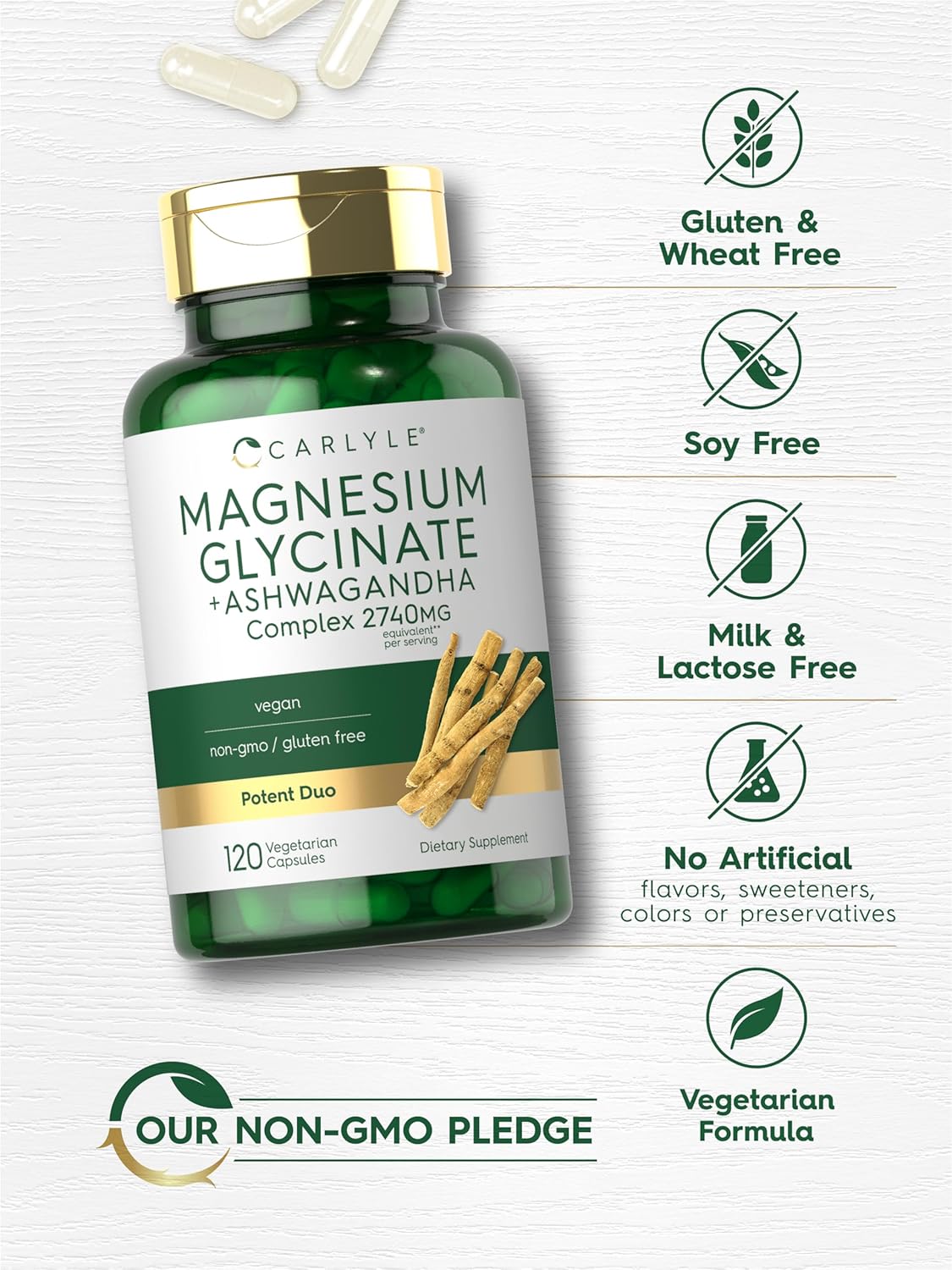Carlyle Magnesium Glycinate + Ashwagandha Complex (2740 mg)-(120 Vegetarian Capsules) - Image 2