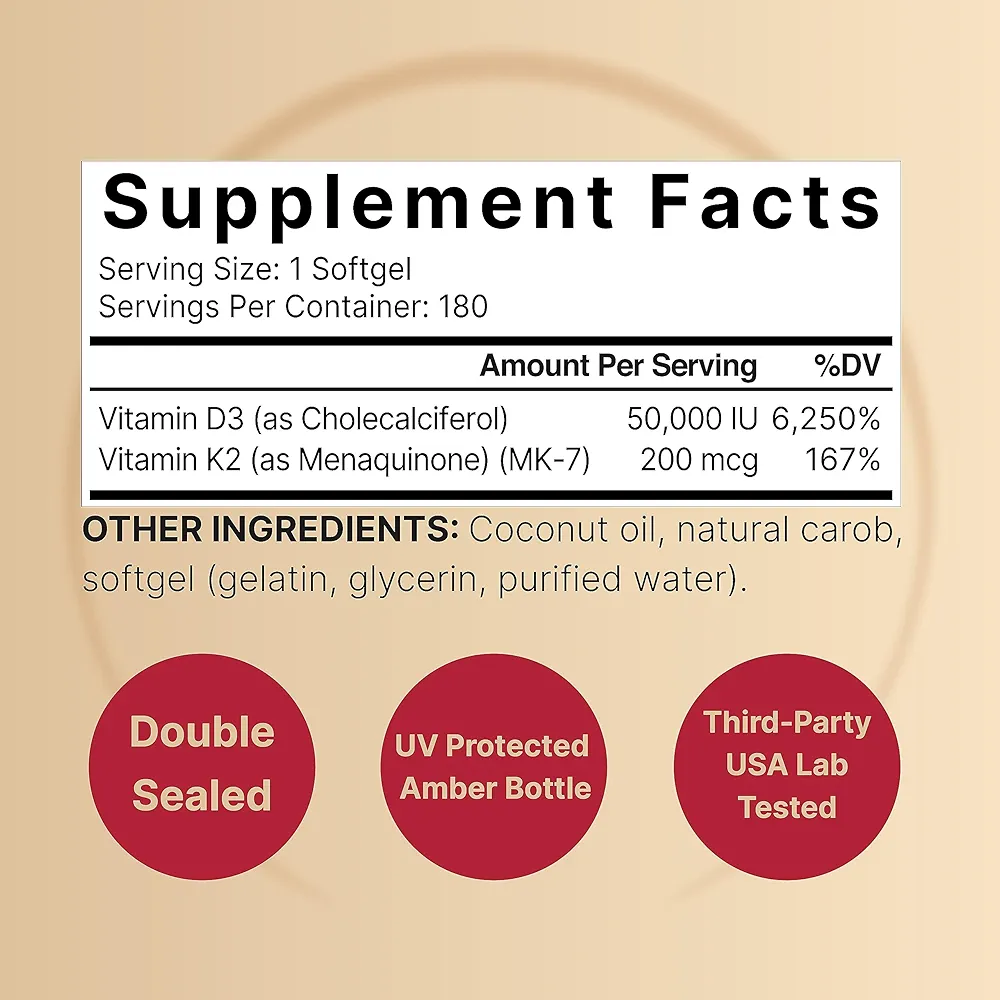 NatureBell Vitamin D3 50,000 IU + K2 200 mcg – (180 Softgels) - Image 2