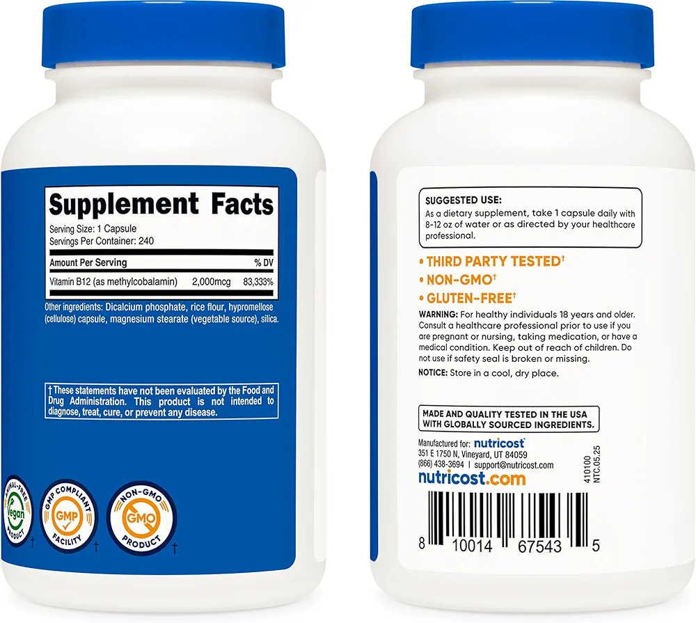 Nutricost Vitamin B12 (Methylcobalamin) 2000mcg – (240 Capsules) - Image 3