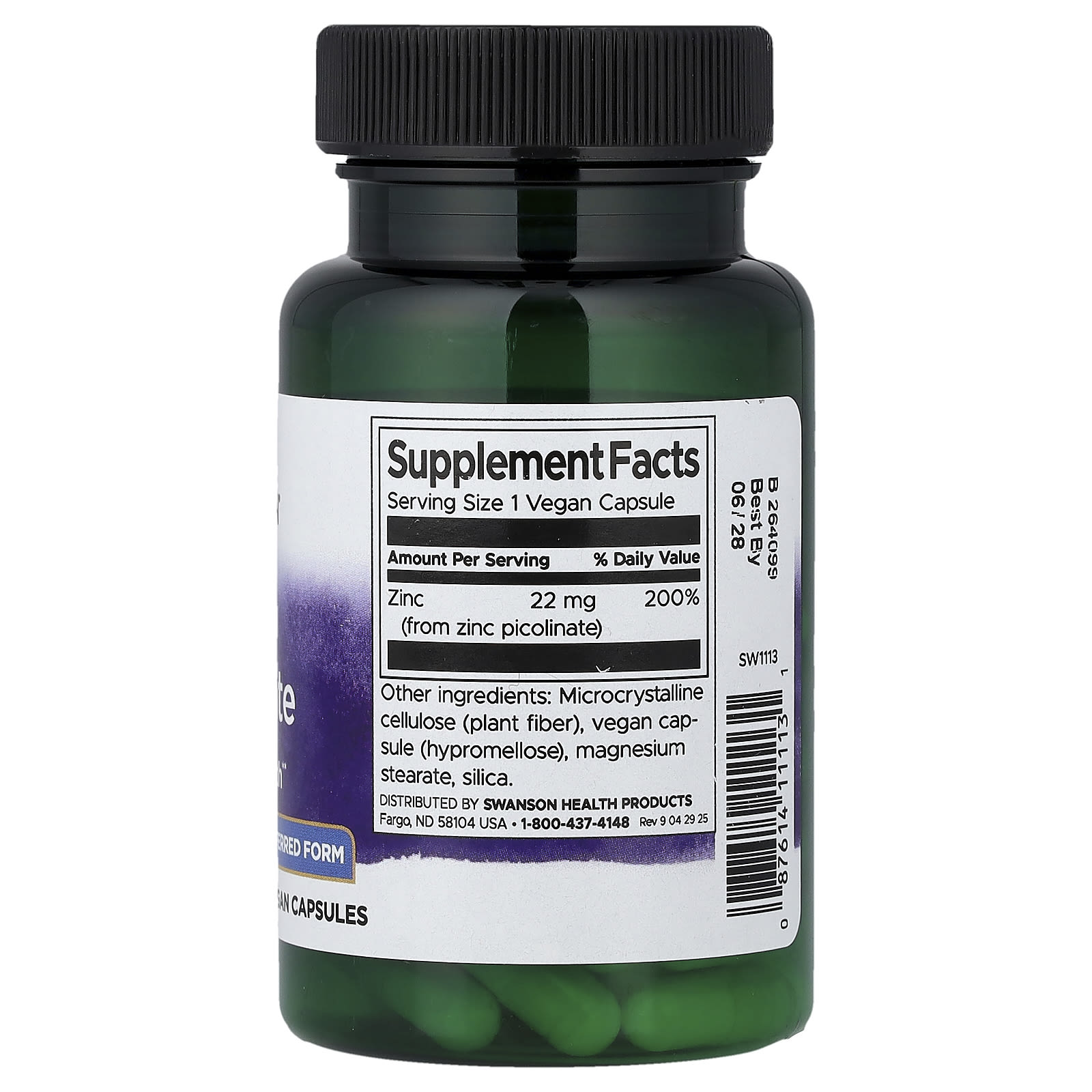 Swanson Zinc Picolinate 22mg-(60 Vegan Capsules) - Image 2