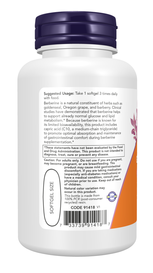 NOW Berberine Glucose Support-(90 Softgels) - Image 3