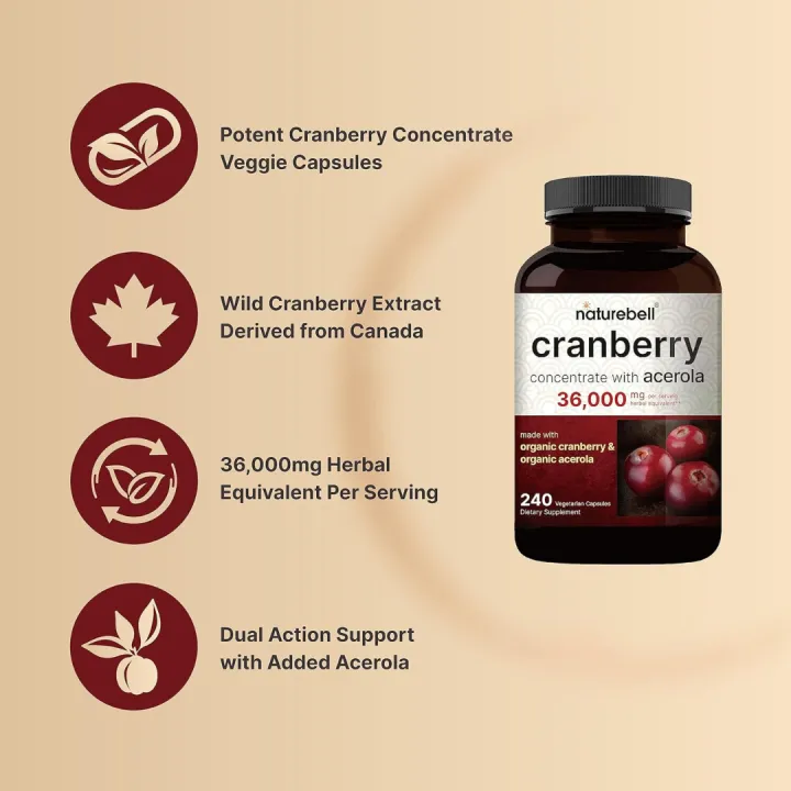 NatureBell Cranberry Pills 36,000mg With Acerola – (240 Veggie Capsules) - Image 3