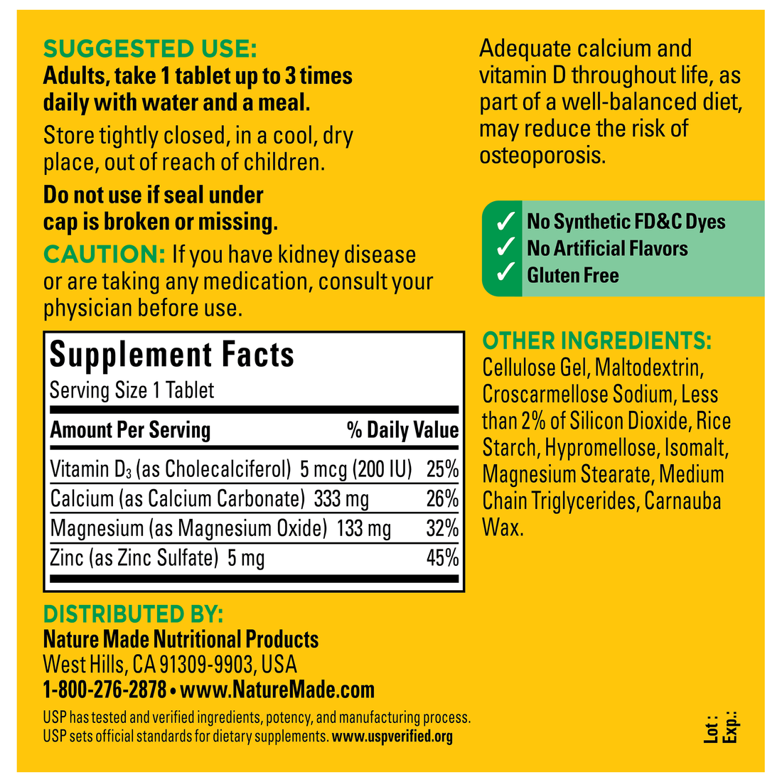 Nature Made Calcium Magnesium Zinc with Vitamin D3 – (300 Tablets) - Image 2