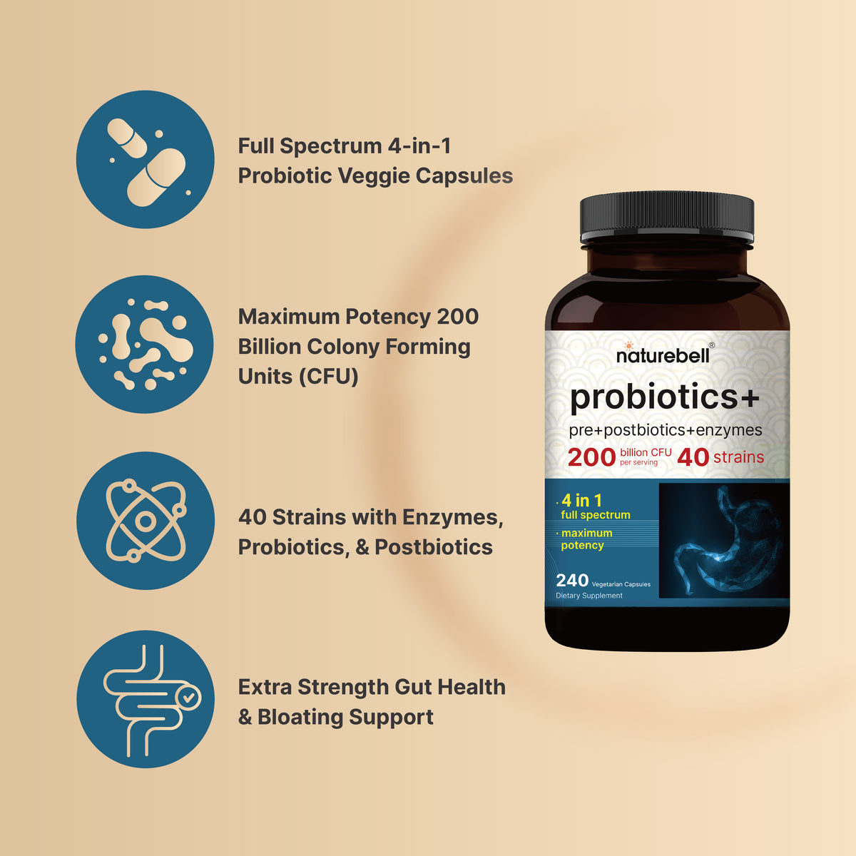 NatureBell 200 Billion CFU Per Serving – (240 Veggie Capsules) - Image 3