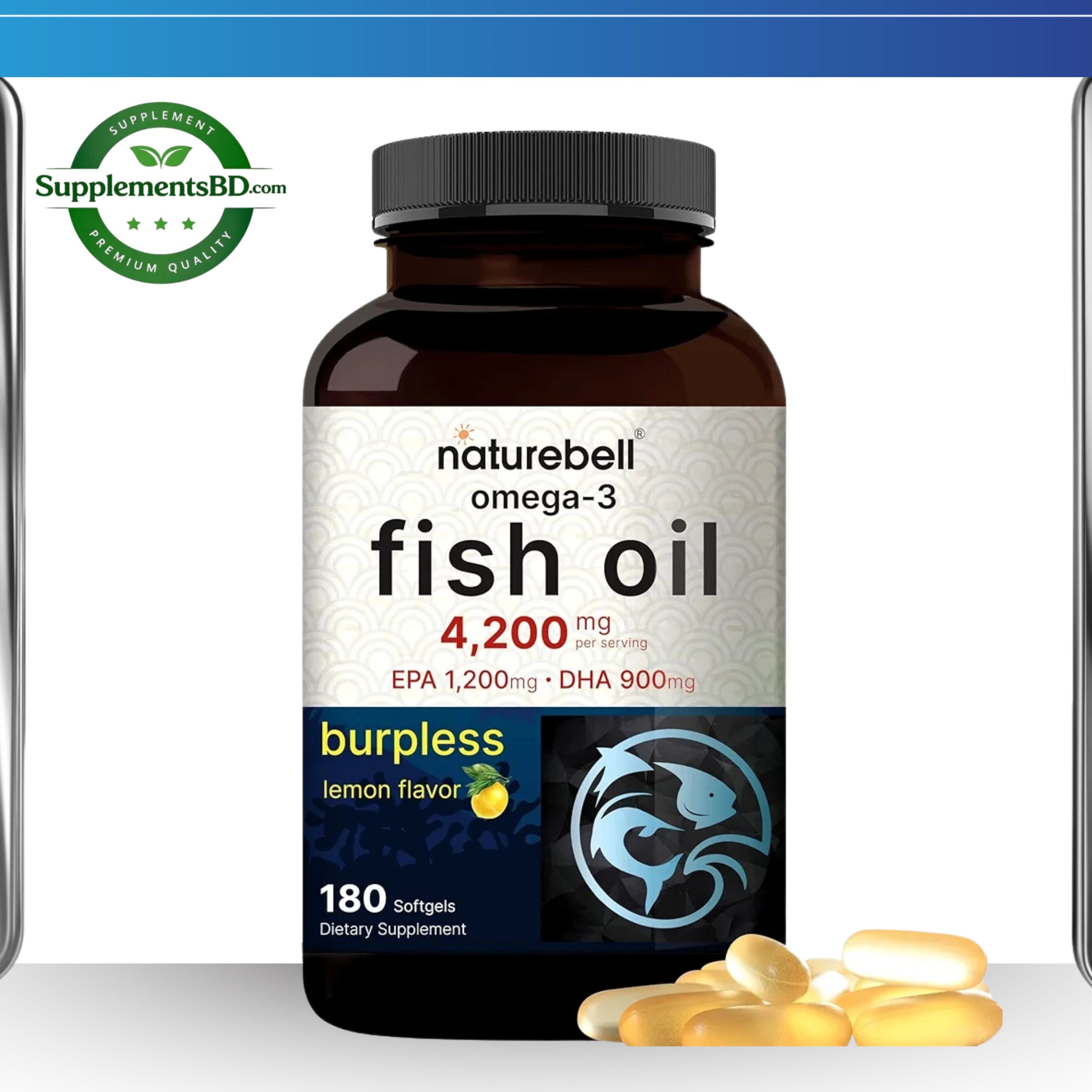 Naturebell Omega-3 Fish Oil (4,200 mg) Burpless Lemon Flavor – (180 Softgels)
