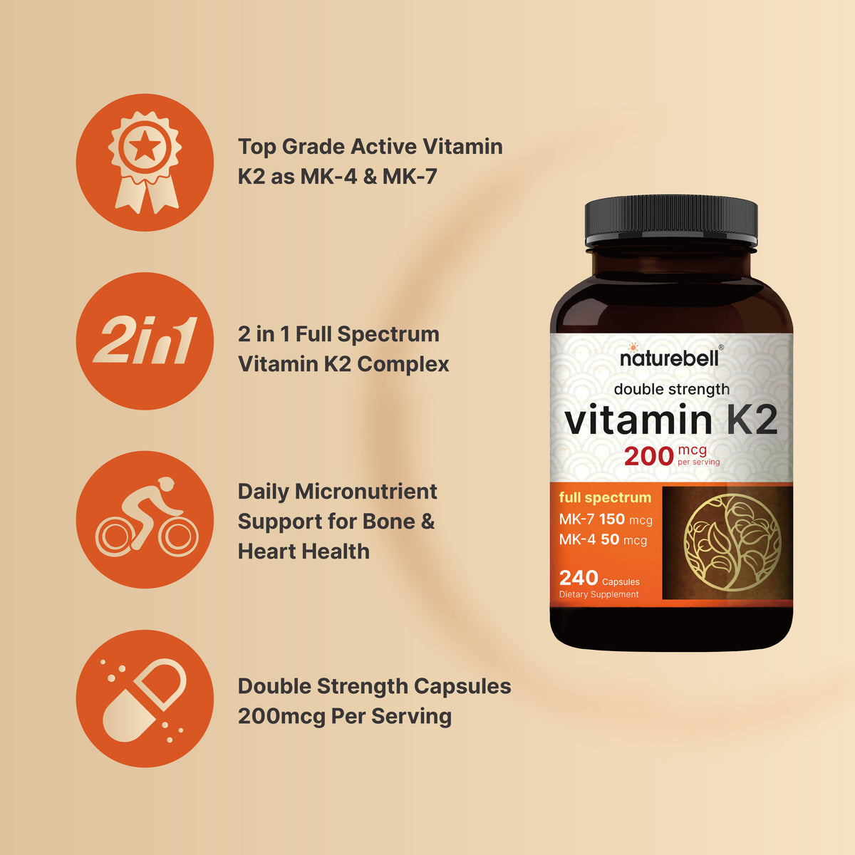 NatureBell Vitamin K2 with Full Spectrum MK-7 & MK-4 200 mcg – (240 Capsules) - Image 3