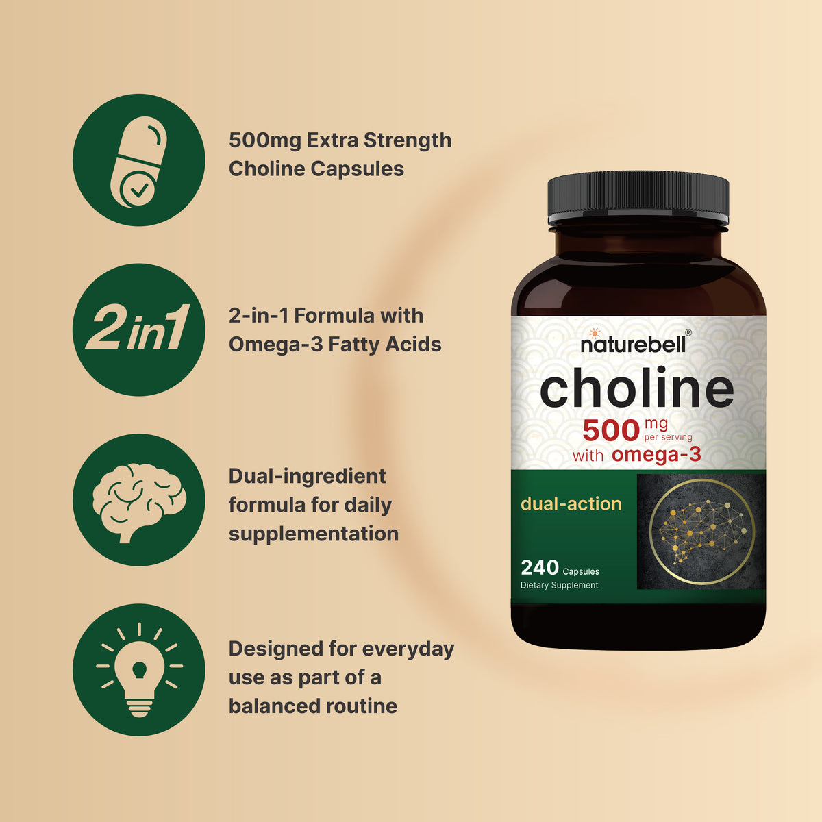 Naturebell Choline 500mg with Omega-3 Fatty Acids (240 Capsules) - Image 3