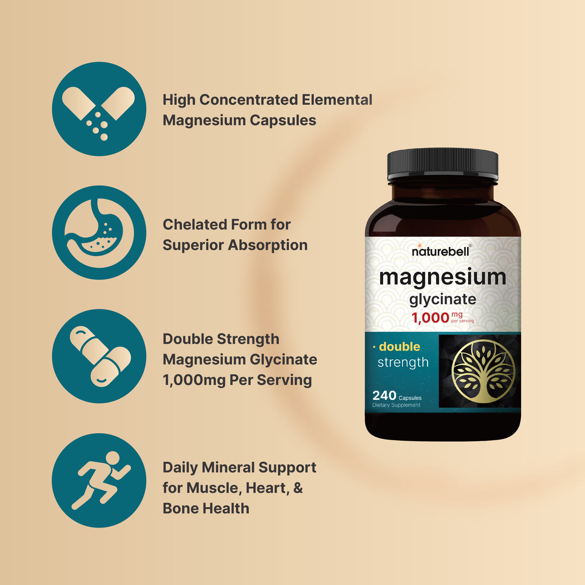 Naturebell Magnesium Glycinate 1,000 mg– (240 Capsules) - Image 3