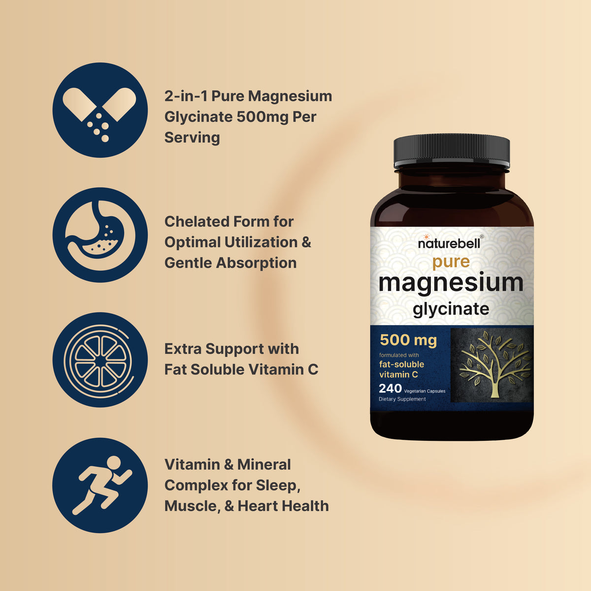 Naturebell Magnesium Glycinate (500 mg) Pure – (240 Veg Capsules) - Image 3