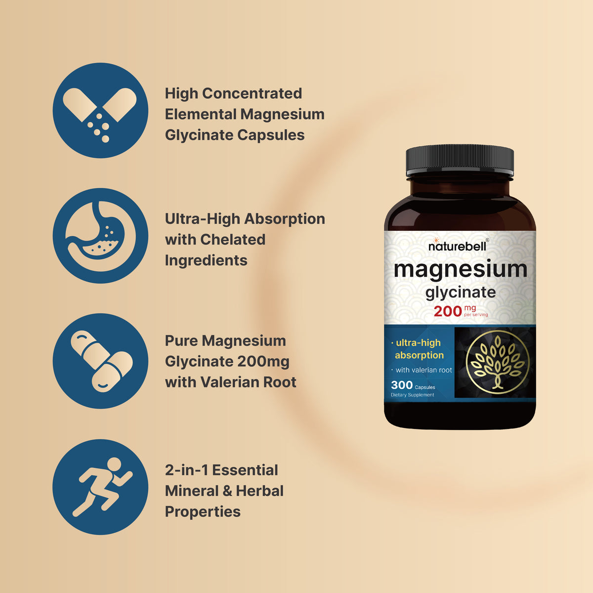 NatureBell Magnesium Glycinate 200mg with Valerian Root, (300 Capsules) - Image 3