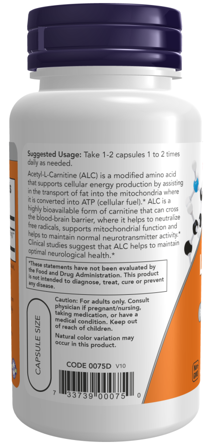 Now Foods Acetyl-L-Carnitine 500mg (50 Veg Capsules) - Image 3