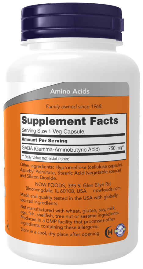 Now Foods GABA 750mg (100 Veg Capsules) - Image 2