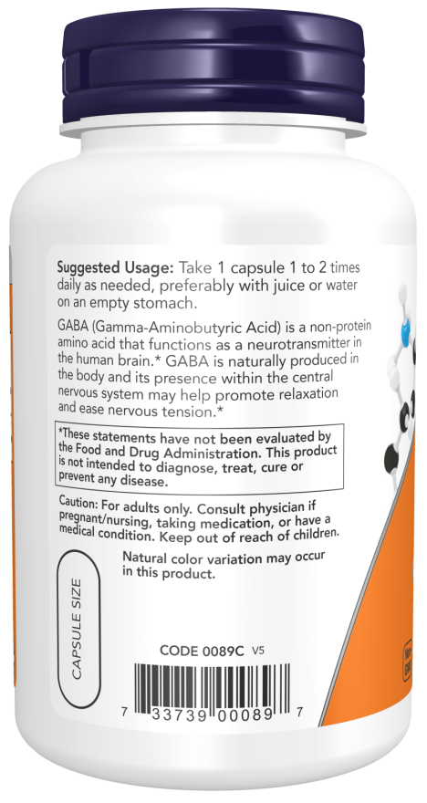 Now Foods GABA 750mg (100 Veg Capsules) - Image 3